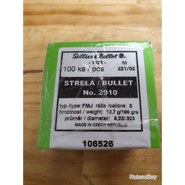 1 boite de 100 balles SELLIER & BELLOT mle FMJ 196 grs /12,7 g pour le chargement du 8x57IS
