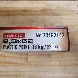 1 boite NORMA de 20 cartouches de 9,3x62 à balle PLASTIC POINT de 18,5 g / 285 grs