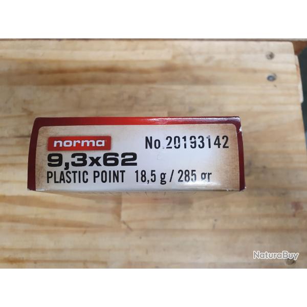 1 boite NORMA de 20 cartouches de 9,3x62 � balle PLASTIC POINT de 18,5 g / 285 grs