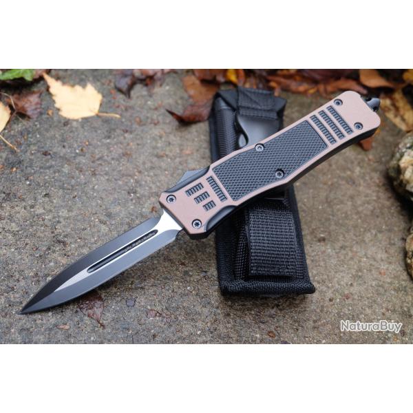 Couteau Automatique OTF Out the Front Lame Dague Double Edge Acier 440 Manche Alu/Bronze Clip Etui