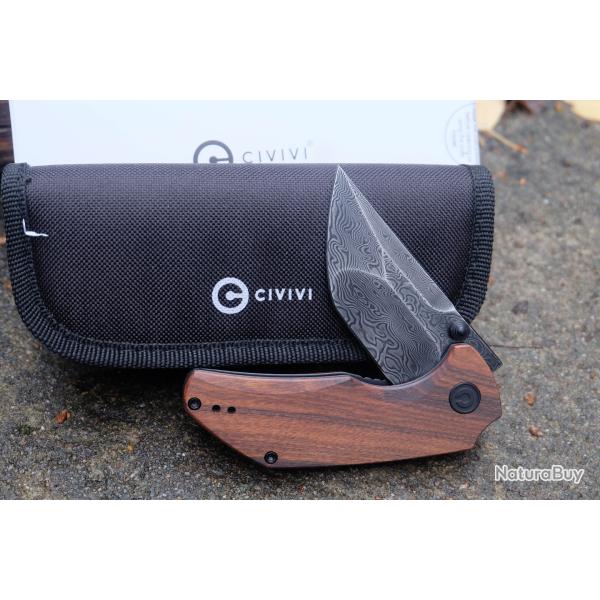 Couteau CIVIVI Thug 2 Cuibourtia Lame Tanto Acier Damas Manche Bois IKBS Linerlock Clip C20028C-DS1