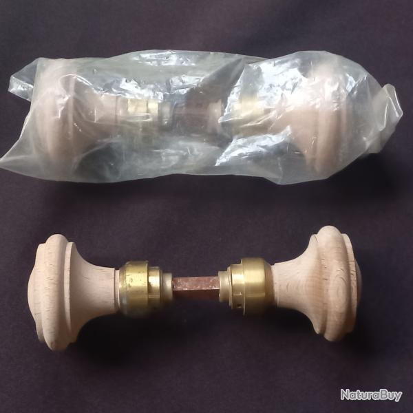 2 paires de poignes de porte en bois brut et laiton  neuf