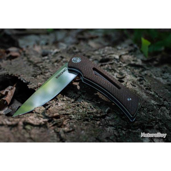 Couteau Pliant Eikonic Aperture Flipper Lame Acier D2 Manche Micarta Marron Liner Lock EKC551SBR