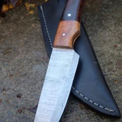 Couteau de Chasse Damas Lame Tanto Reverse 256 Couches Manche 2 Bois Fabr Artisanale Etui Cuir