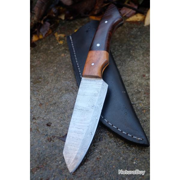 Couteau de Chasse Damas Lame Tanto Reverse 256 Couches Manche 2 Bois Fabr Artisanale Etui Cuir