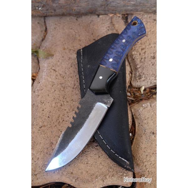 Couteau Skinner de Chasse Bushcraft Lame Acier Carbone 1075 Manche Bois/R�sine Etui Cuir F Artisanat