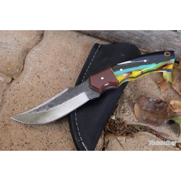 Couteau Skinner de Chasse Bushcraft Lame Acier Carbone 1075 Manche R�sine Etui Cuir Fabr Artisan 01