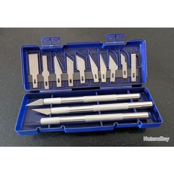 CUTTERS DE PRECISION 3 MANCHONS EN ALUMINIUM + 13 LAMES DANS UN COFFRET SOLIDE ET EFFICACE