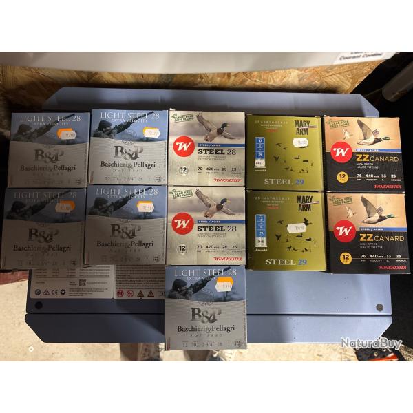 Lot 11 bo�tes cartouches acier calibre 12