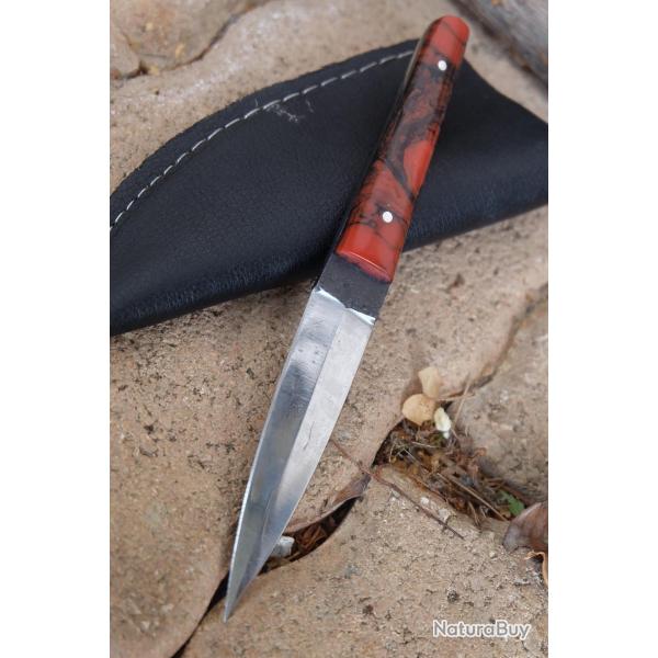 Stylet Couteau Dague de Poche Lame Acier Carbone 1075 Manche R�sine Etui Cuir Fabric Artisanale