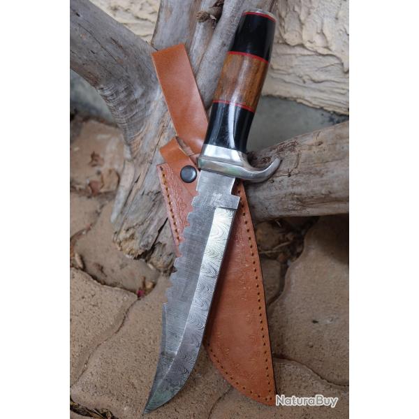 Couteau Bowie Bush Australien Manche Bois/R�sine Lame Acier Damas 256 Couches Etui Cuir F Artisanale