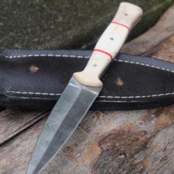 Couteau Dague Scottish Dirk Lame Acier Damas 256 Couches Manche Os Etui Cuir Fabr Artisanale