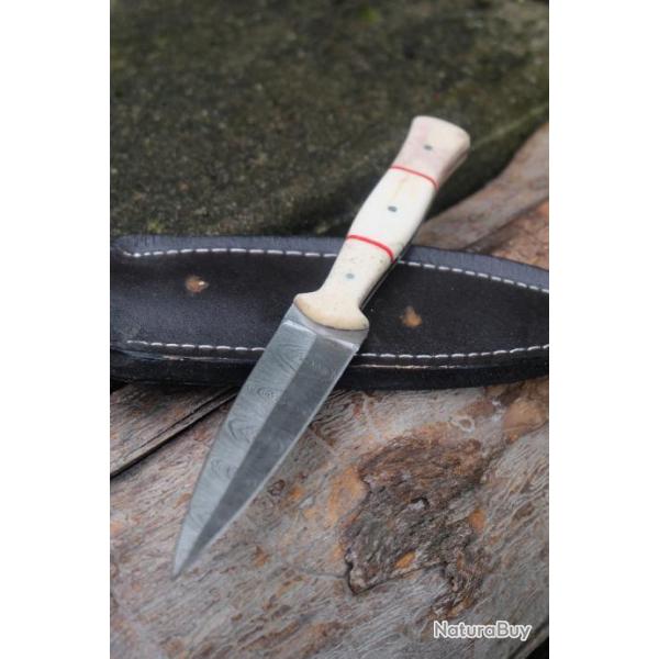 Couteau Dague Scottish Dirk Lame Acier Damas 256 Couches Manche Os Etui Cuir Fabr Artisanale