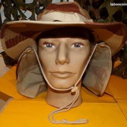CHAPEAU CAMOUFLAGE SABLE AVEC NUQUIERE AMOVIBLE ,TRAITE ANTI-MOUSTIQUES,TAILLE 58 ,  GRILLAGES SUR L