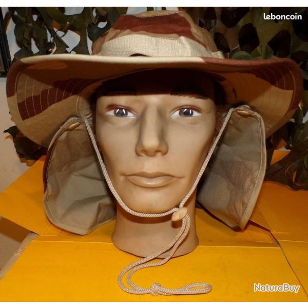 CHAPEAU CAMOUFLAGE SABLE AVEC NUQUIERE AMOVIBLE ,TRAITE ANTI-MOUSTIQUES,TAILLE 58 ,  GRILLAGES SUR L