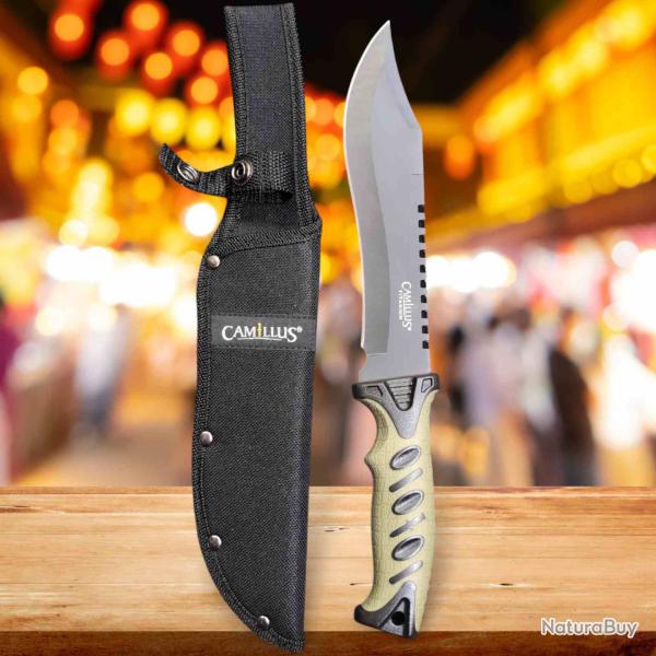 Couteau Bowie Camillus Indulge Lame Acier 420 Scie Manche Caoutchouc �tui Nylon CM19719