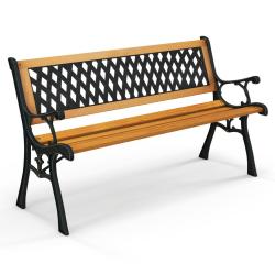 Banc de jardin 3 places 126 x 52 x 74 cm en fonte laquée et bois naturel, style simple et robuste,