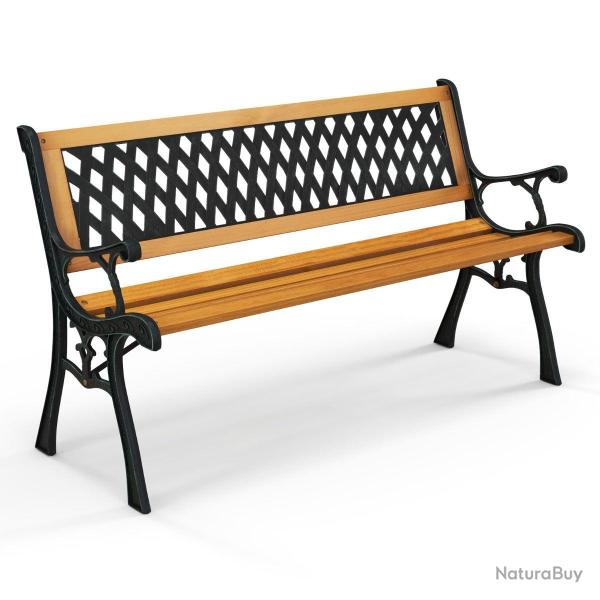 Banc de jardin 3 places 126 x 52 x 74 cm en fonte laque et bois naturel, style simple et robuste,