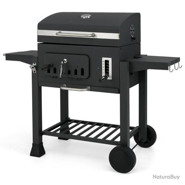 Barbecue  charbon 132 x 57 x 106 cm avec 2 tables pliantes ajustables 6 positions noir en acier la