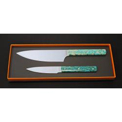 Perceval - Set de 2 couteaux - Couteau demi chef "éminceur" 15cm - office 10cm - Manche loupe de bou