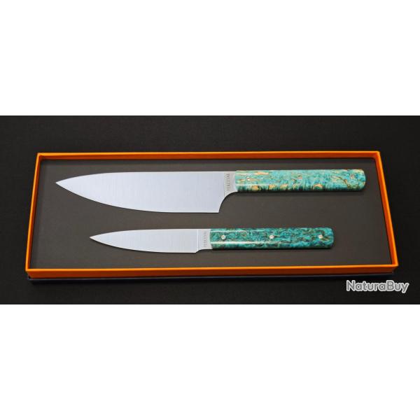 Perceval - Set de 2 couteaux - Couteau demi chef "minceur" 15cm - office 10cm - Manche loupe de bou