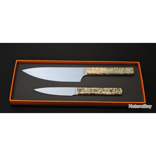 Perceval - Set de 2 couteaux - Couteau demi chef "minceur" 15cm - office 10cm - Manche loupe de bou