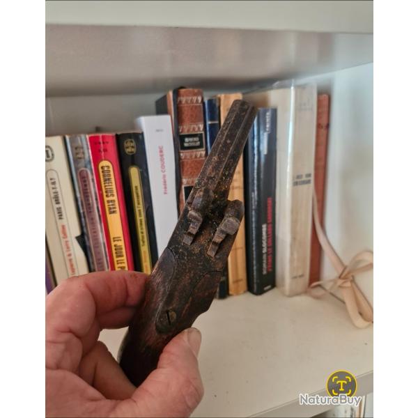 PETIT PISTOLET A PERCUSSION DE POCHE A 2 CANONS 1 CANON MANQUANT