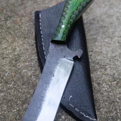 Couteau Skinner Lame Rasoir Acier Carbone 1055 Manche Bois Green 3D Etui Simili Fabr Artisanale