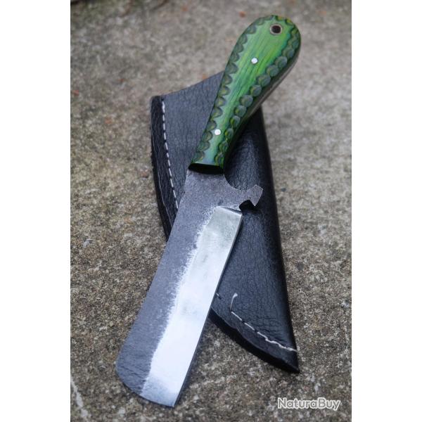 Couteau Skinner Lame Rasoir Acier Carbone 1055 Manche Bois Green 3D Etui Simili Fabr Artisanale