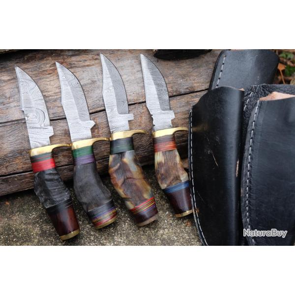 LOT DE 4 Couteau Skinner Damas Lame 256 Couches Manche Corne de Blier Fab Artisanale Etui Cuir 02
