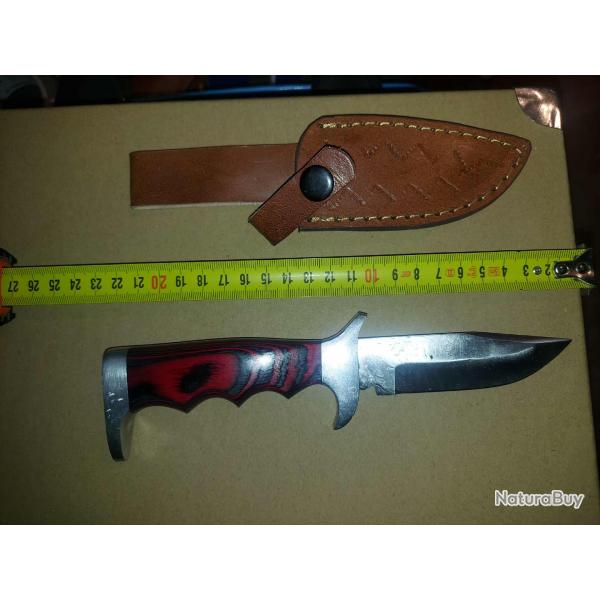 Poignard Couteau de Chasse Lame Acier Carbone 1055 Manche Bois/Acier Etui Cuir Fabric Artisananale A