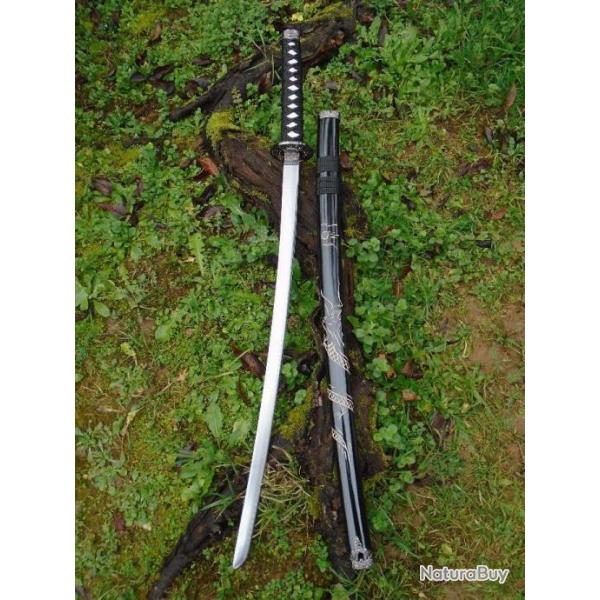 Sabre Katana De Crmonie Lame Acier 440 Tsuba Mtal Manche Faon Peau de Raie Etui Bois Dragon