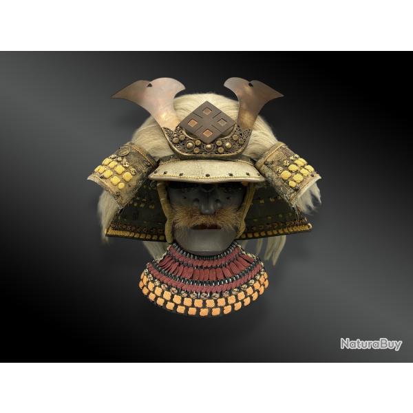Samoura, CASQUE de GUERRE appelKABUTOavec MEMPO Type Suji-bachi Japon - re Showa