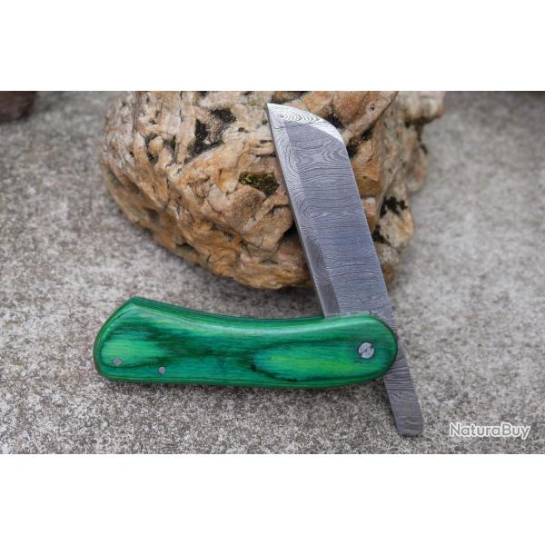 Couteau L'Irlandais Pimontais Manche Bois Lame Acier Damas 128 Couches Sheepsfoot Fabric Artisanale