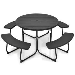 Ensemble table de pique-nique circulaire 190 x 76 cm pour 8 personnes design moderne en m&eacute;tal noir