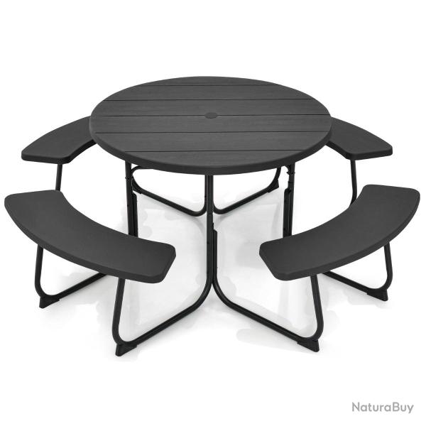 Ensemble table de pique-nique circulaire 190 x 76 cm pour 8 personnes design moderne en m�tal noir