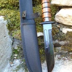 Couteau Tactical Marines Combat Fighting Lame Acier 3Cr13 Serr Black Manche Cuir Etui Style Ka-bar B