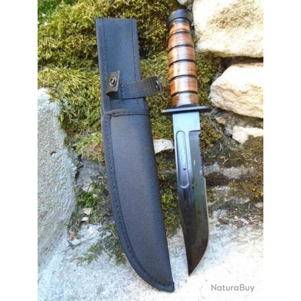 Couteau Tactical Marines Combat Fighting Lame Acier 3Cr13 Serr Black Manche Cuir Etui Style Ka-bar B