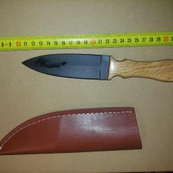 Couteau Tactical Urban Dague Lame Acier Carbone 1055 Black Manche Bois Etui Cuir Fabr Artisanale 1