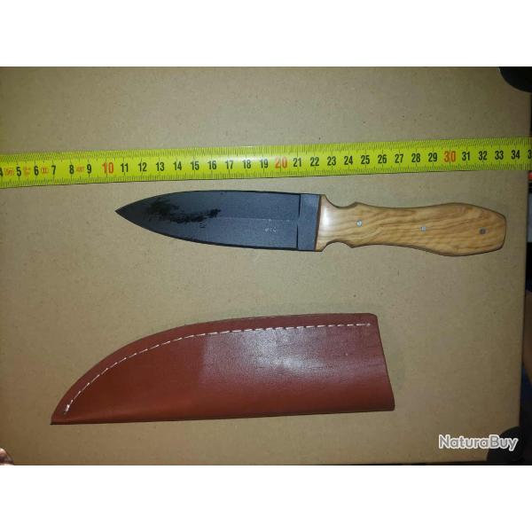 Couteau Tactical Urban Dague Lame Acier Carbone 1055 Black Manche Bois Etui Cuir Fabr Artisanale 1