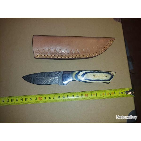 Skinner Couteau de Chasse Damas Lame Drop Point 256 Couches Manche Plage Fabric Artisanat Etui Cuir