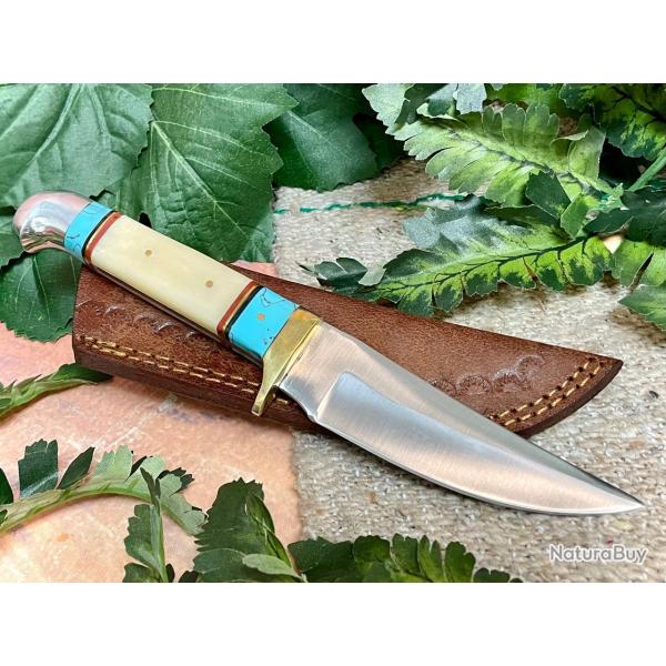 Couteau Skinner Daylight Hunter Lame Acier Inoxydable Manche Os & Rsine Turquoise Etui Cuir