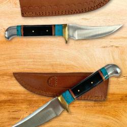 Couteau Skinner Nightlight Hunter Lame Acier Inoxydable Manche Corne & R&eacute;sine Turquoise Etui Cuir