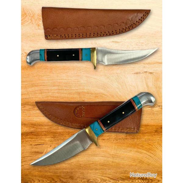 Couteau Skinner Nightlight Hunter Lame Acier Inoxydable Manche Corne & R�sine Turquoise Etui Cuir