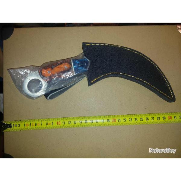 Couteau Karambit Lame Acier Carbone 1055 Manche R�sine Etui Simili Cuir Fabr Artisanale
