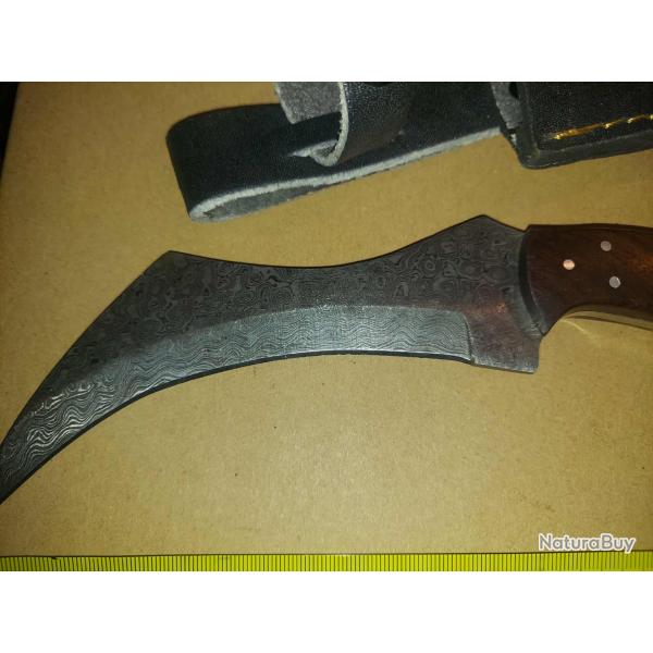 Couteau Karambit Lame Acier Damas 256 Couches Manche 2 Bois Etui Nylon Fabric Artisanale