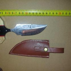 Couteau Push Dagger Lame Acier Carbone 1055 Manche Os & Corne Etui CUir Fabric Artisanale