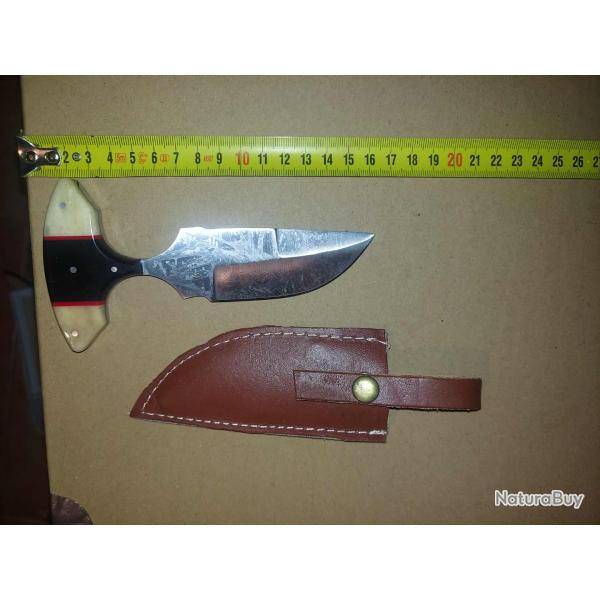 Couteau Push Dagger Lame Acier Carbone 1055 Manche Os & Corne Etui CUir Fabric Artisanale