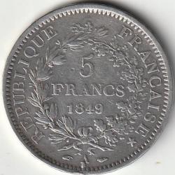 Pi&egrave;ce de Monnaie ARGENT France 5 francs  Hercule IIe R&eacute;publique 1849 Paris Vendue au prix du m&eacute;tal