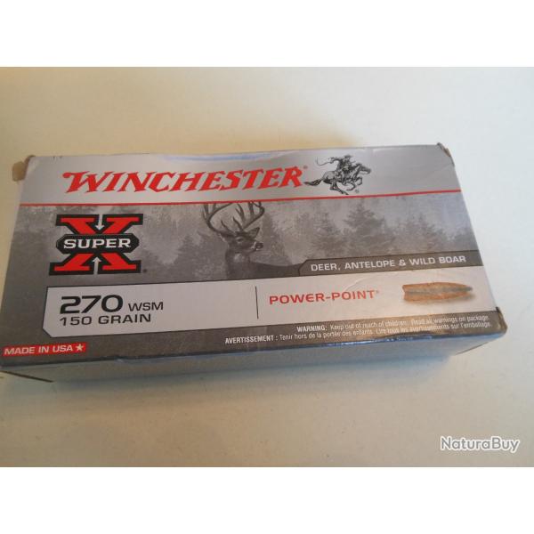BOITE DE VINGT CARTOUCHES WINCHESTER CALIBRE 270 WSM 150 GRAINS POWER POINT